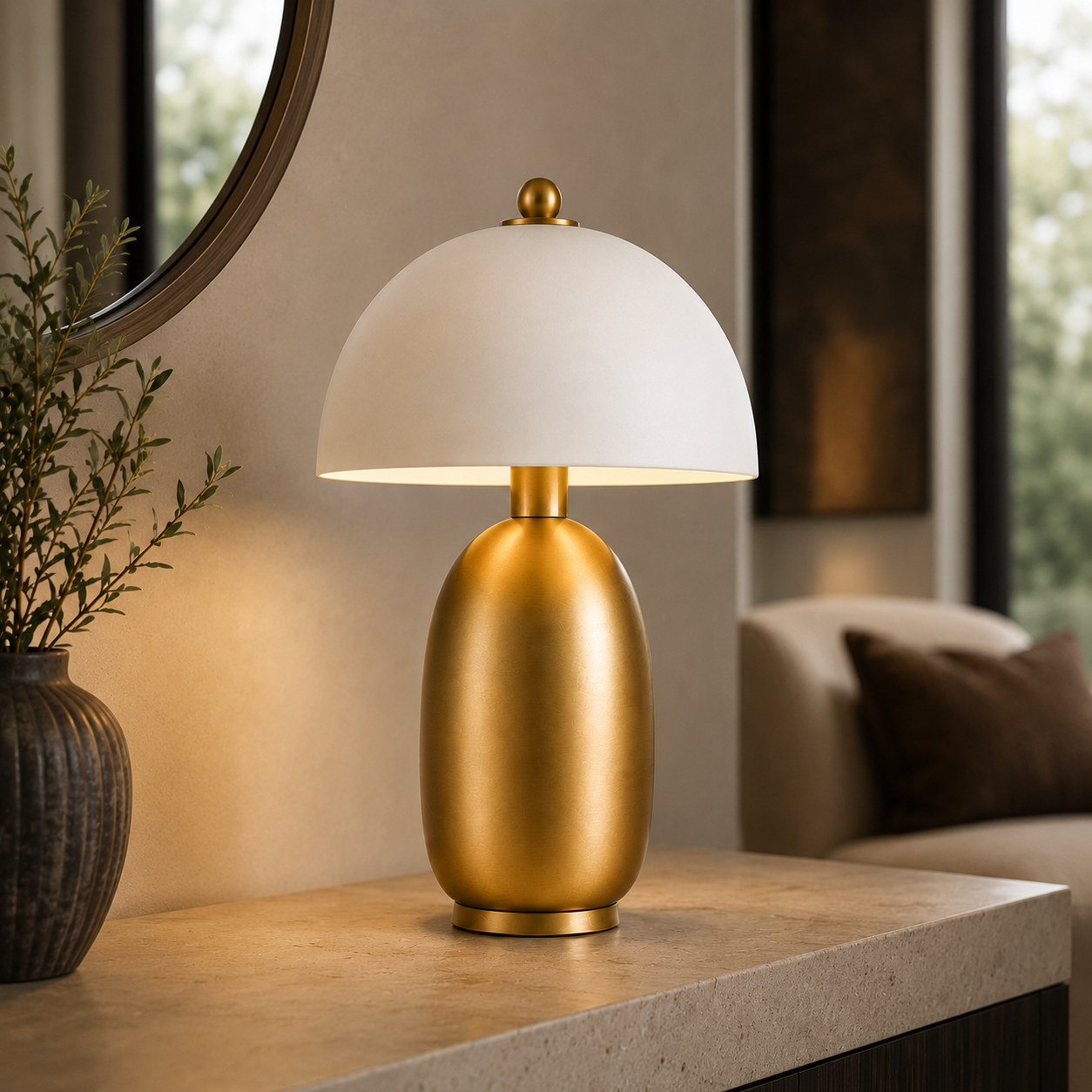 Lámpara de Mesa Moderna Dorada con Pantalla Semiesférica