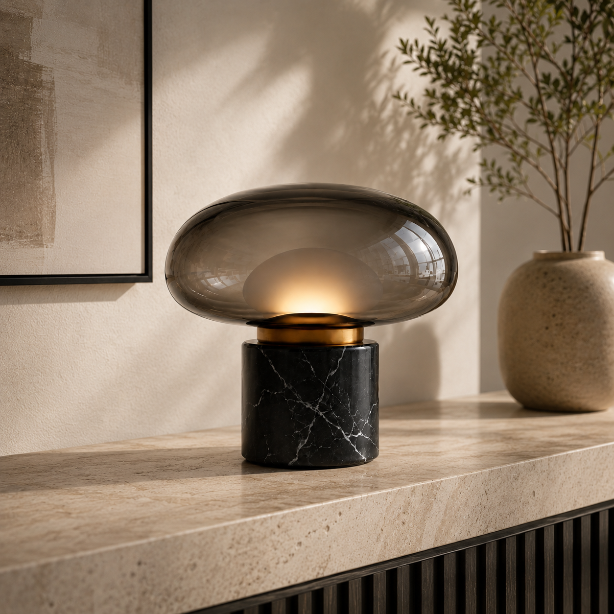 Lámpara de Mesa Moderna de Cristal Ahumado y Mármol Negro