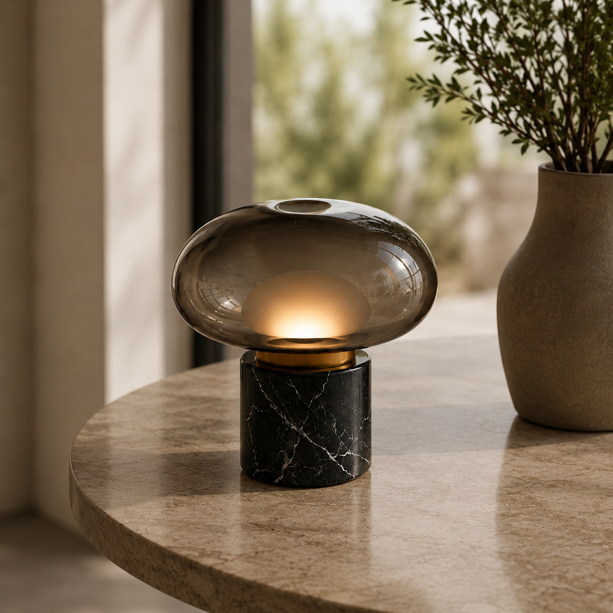 Lámpara de Mesa Moderna de Cristal Ahumado y Mármol Negro
